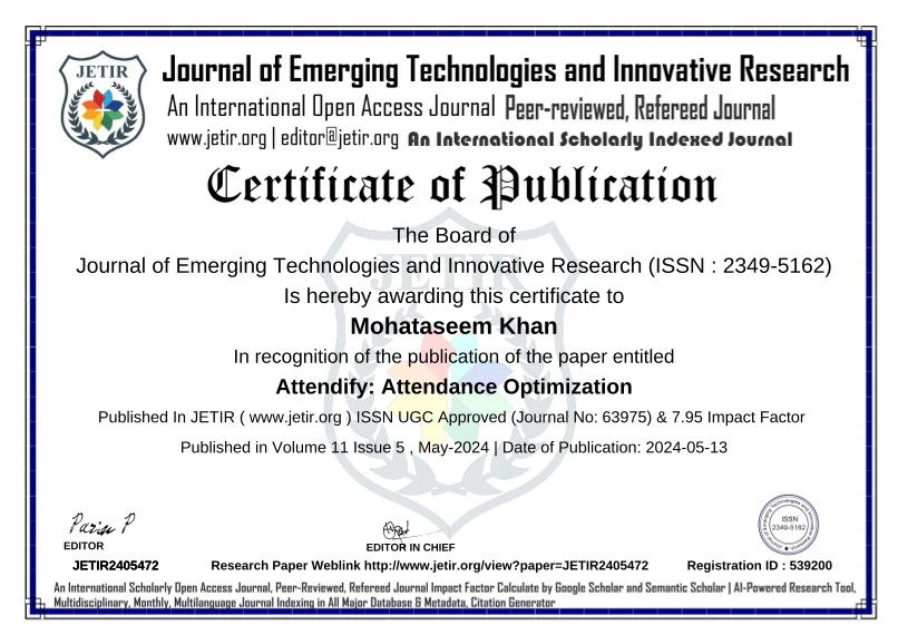Attendance Optimisation research publication certificate
